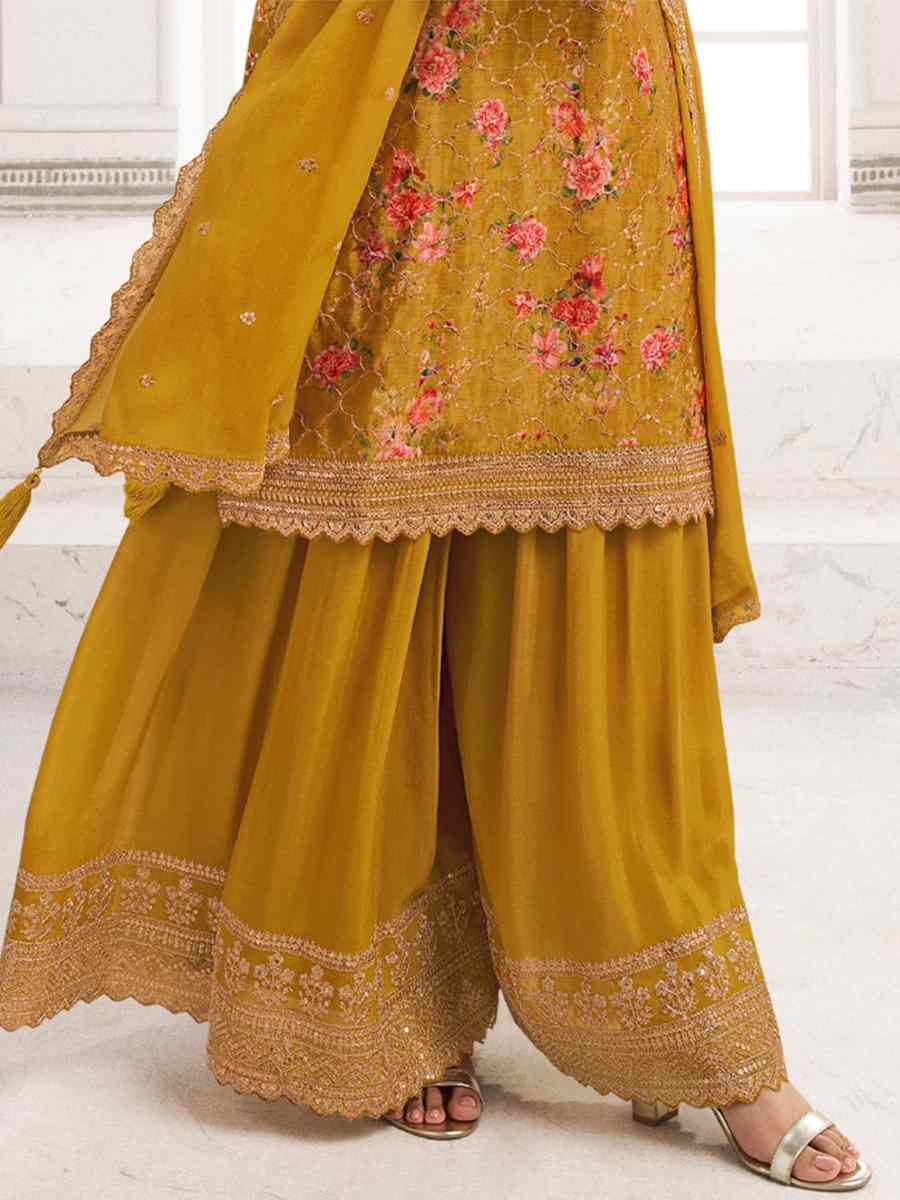 Yellow Chinon Embroidered Festival Wedding Sharara Pant Salwar Kameez