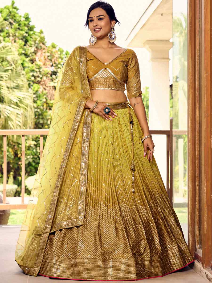 Yellow Chinon Embroidered Reception Wedding Heavy Border Lehenga Choli