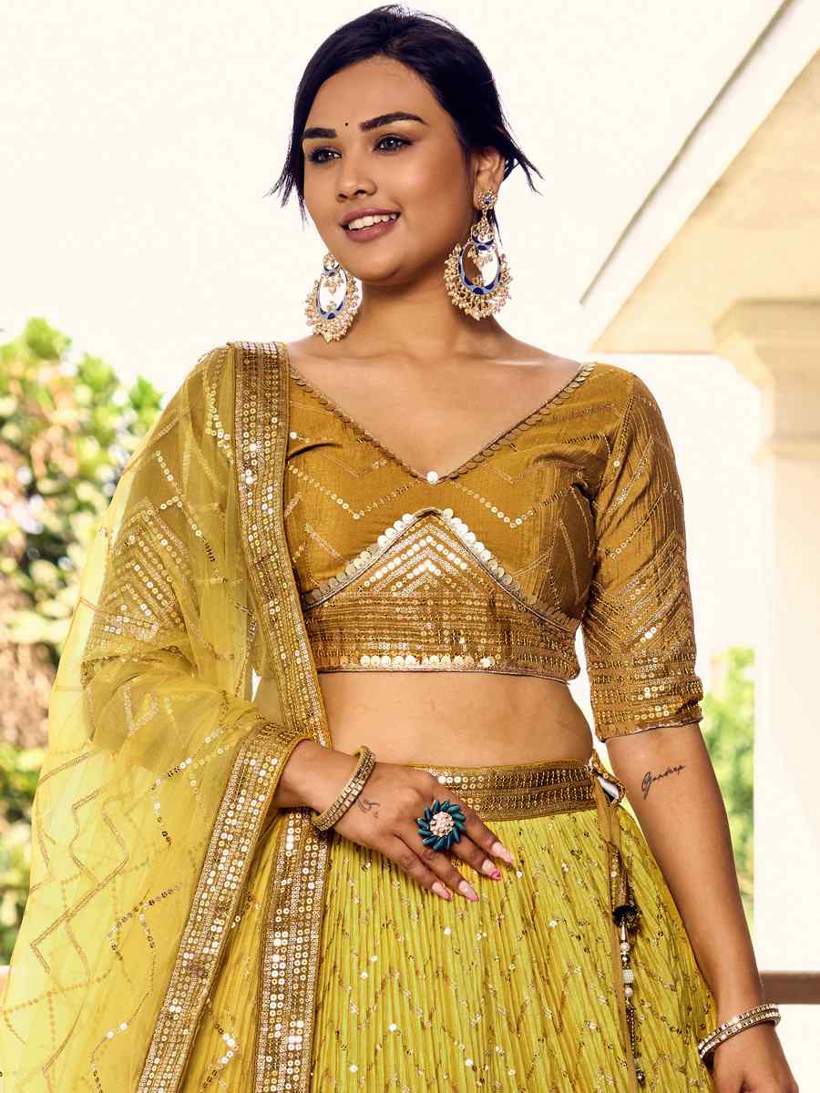 Yellow Chinon Embroidered Reception Wedding Heavy Border Lehenga Choli