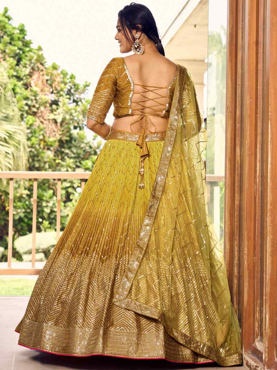 Yellow Chinon Embroidered Reception Wedding Heavy Border Lehenga Choli