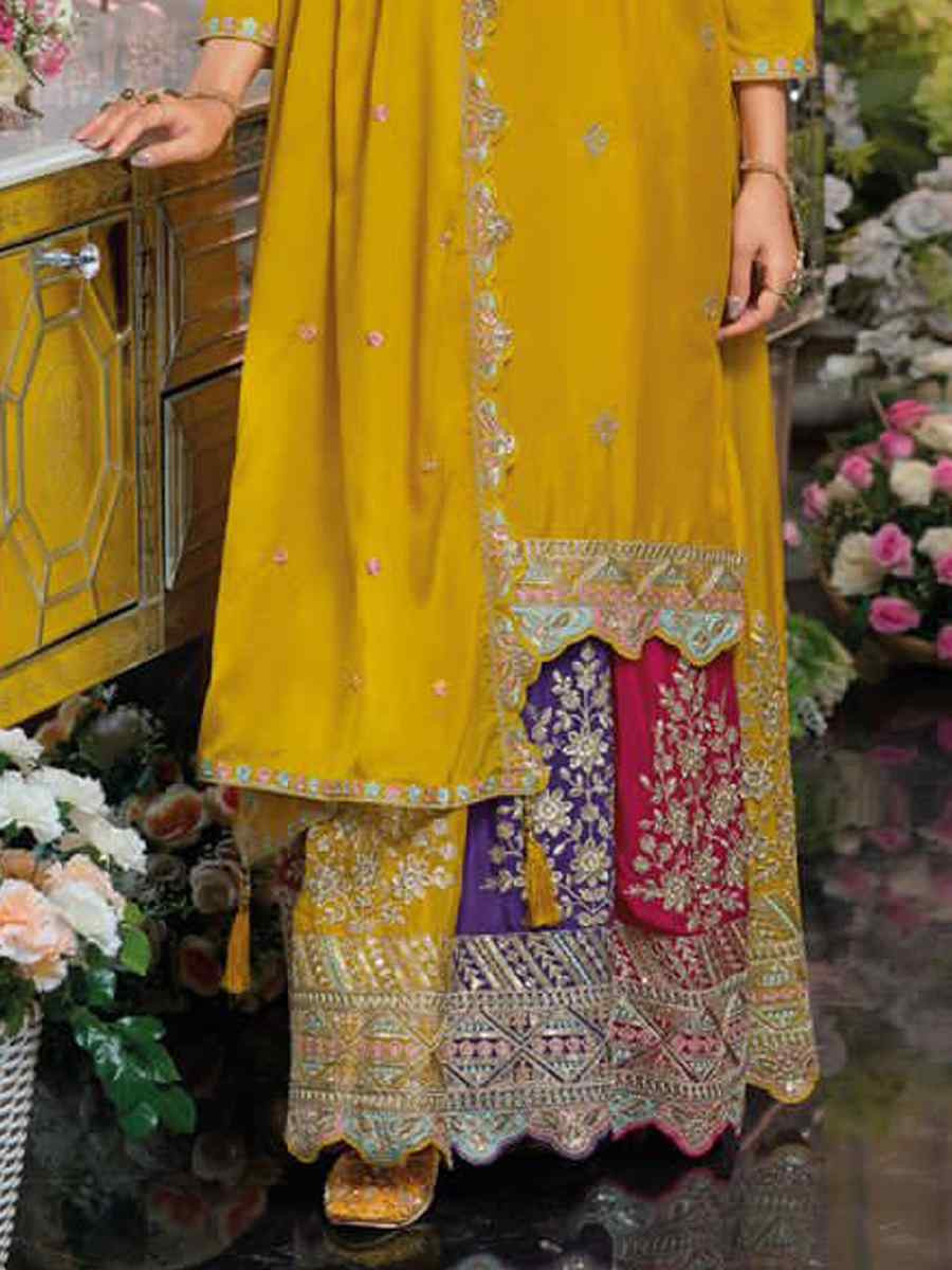 Yellow Chinon Embroidered Reception Wedding Kurti Lehenga Choli