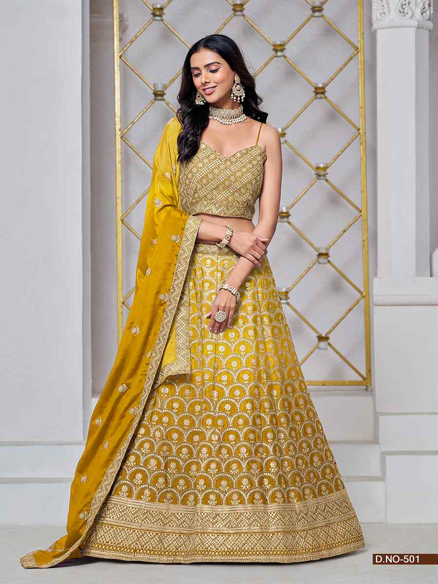 Yellow Chinon Embroidered Wedding Bridesmaid Heavy Border Lehenga Choli