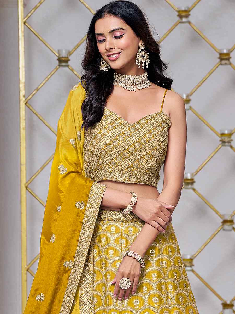 Yellow Chinon Embroidered Wedding Bridesmaid Heavy Border Lehenga Choli