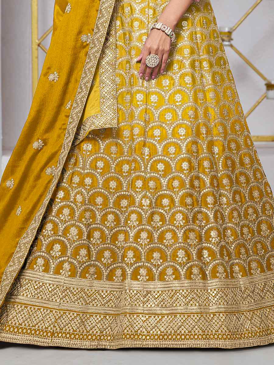 Yellow Chinon Embroidered Wedding Bridesmaid Heavy Border Lehenga Choli