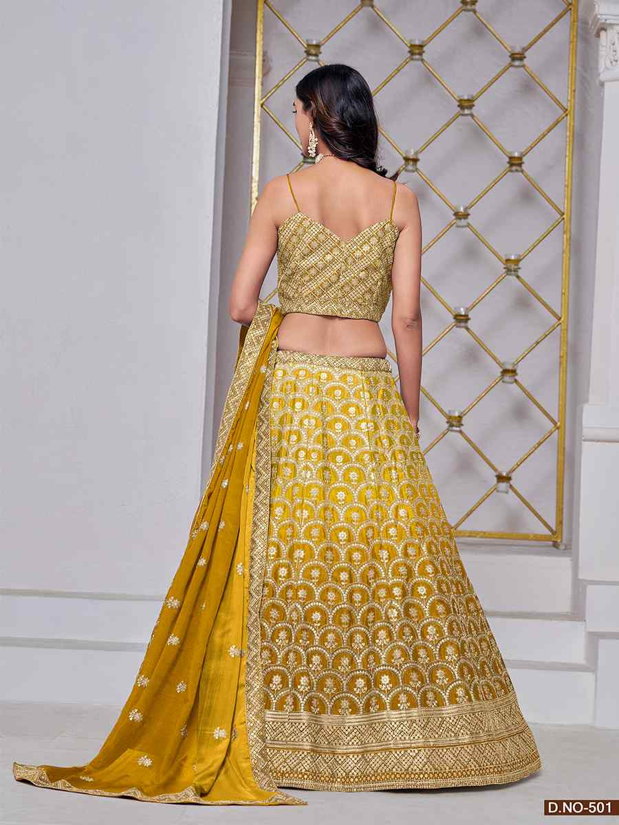 Yellow Chinon Embroidered Wedding Bridesmaid Heavy Border Lehenga Choli