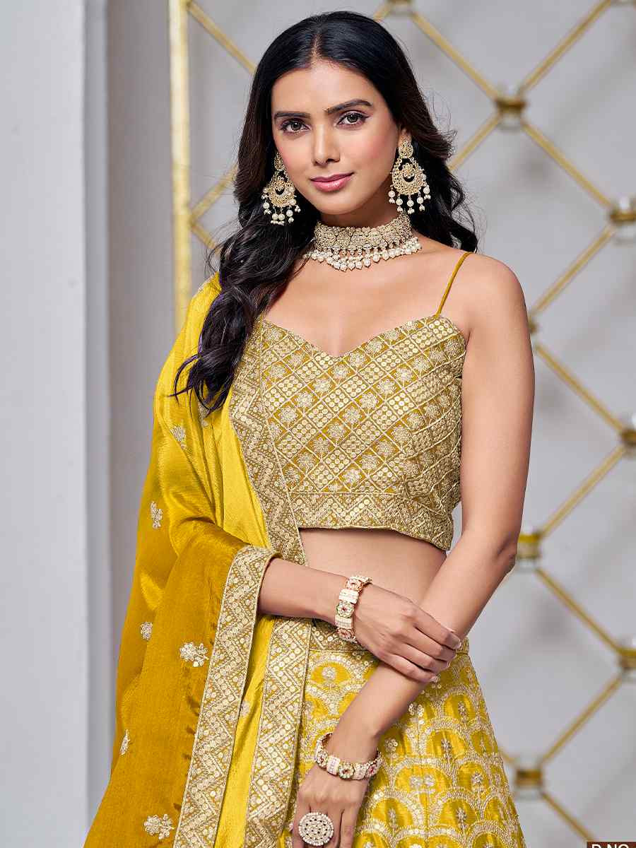 Yellow Chinon Embroidered Wedding Bridesmaid Heavy Border Lehenga Choli