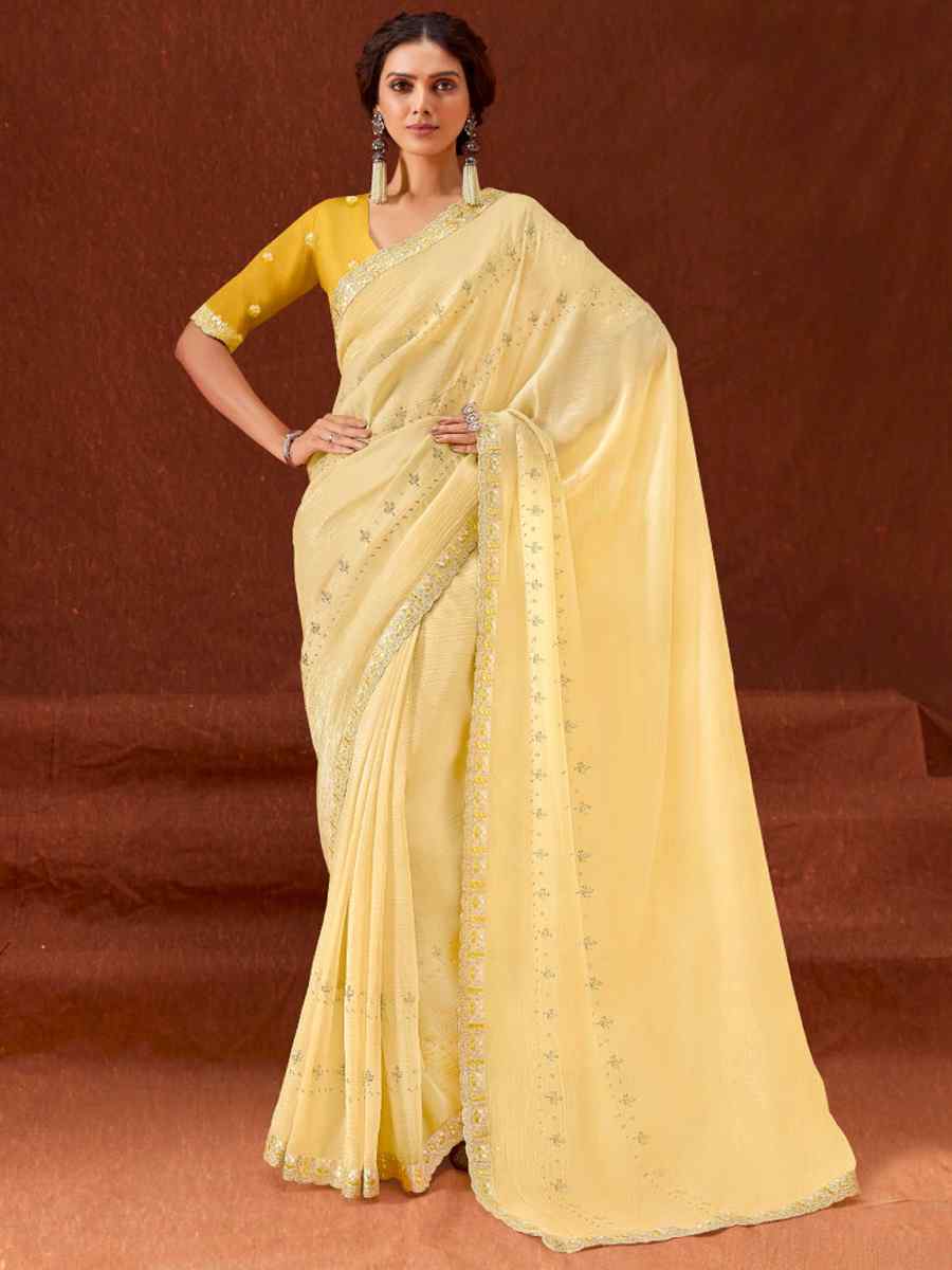 Yellow Chinon Embroidered Wedding Festival Heavy Border Saree