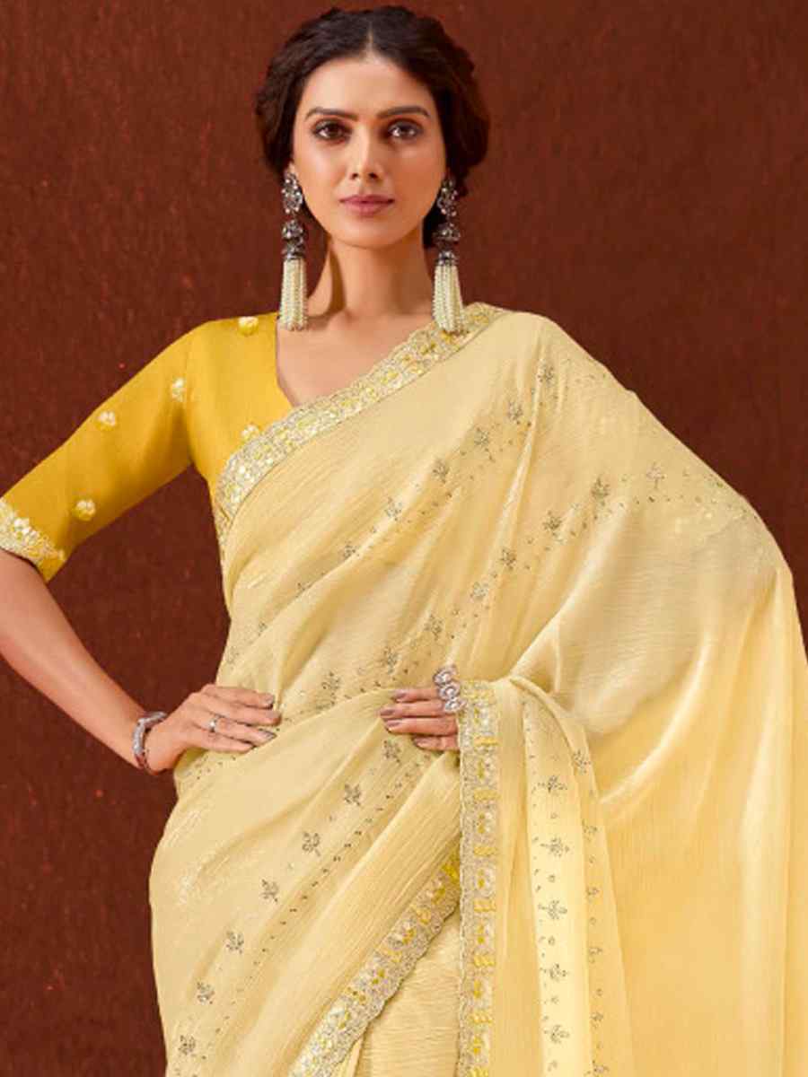 Yellow Chinon Embroidered Wedding Festival Heavy Border Saree