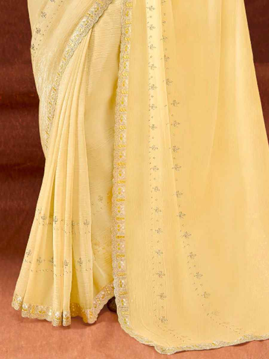 Yellow Chinon Embroidered Wedding Festival Heavy Border Saree