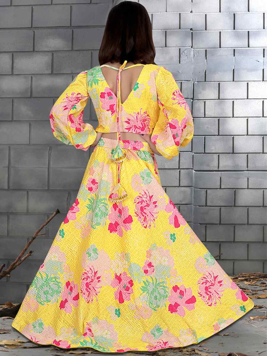 Yellow Chinon Printed Festival Party Lehengas Girls Wear