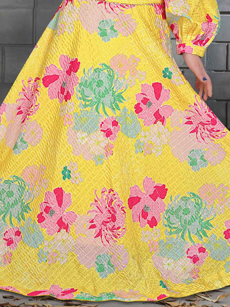 Yellow Chinon Printed Festival Party Lehengas Girls Wear