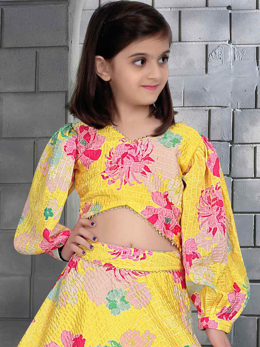 Yellow Chinon Printed Festival Party Lehengas Girls Wear