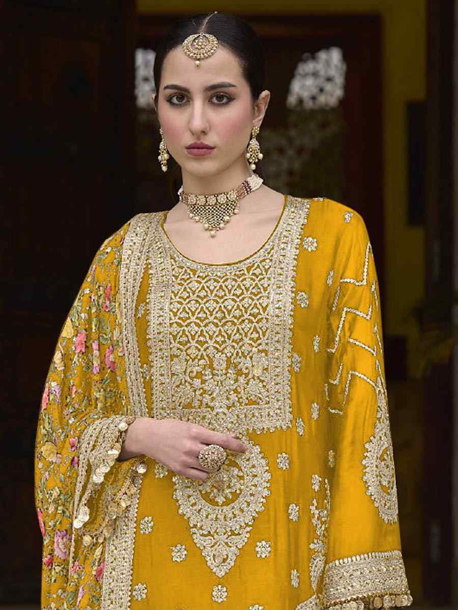 Yellow Chinon Silk Embroidered Festival Wedding Palazzo Pant Salwar Kameez