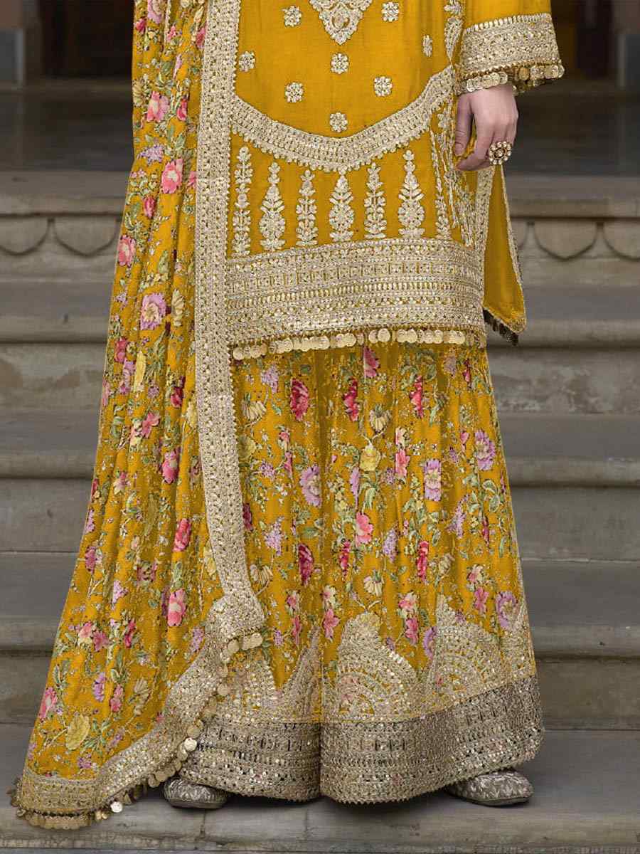 Yellow Chinon Silk Embroidered Festival Wedding Palazzo Pant Salwar Kameez