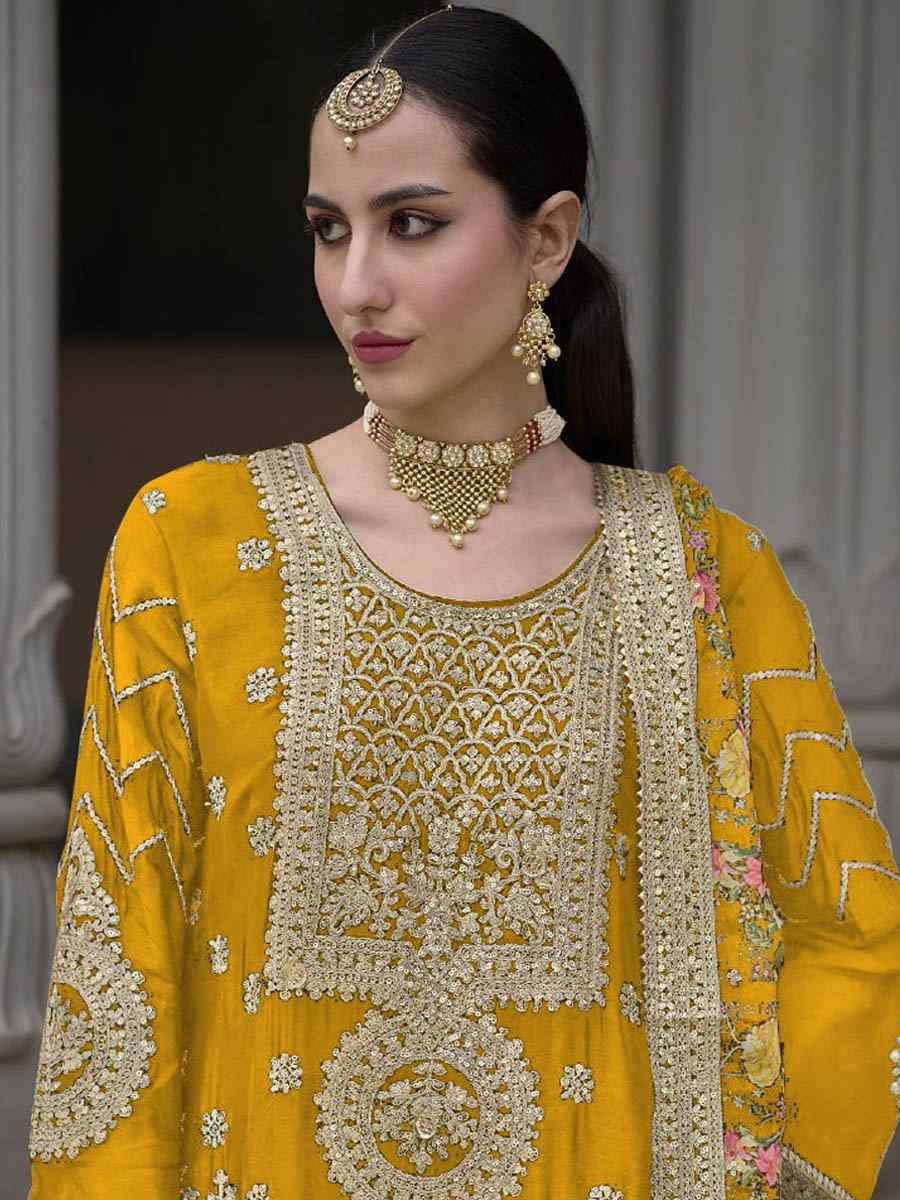 Yellow Chinon Silk Embroidered Festival Wedding Palazzo Pant Salwar Kameez