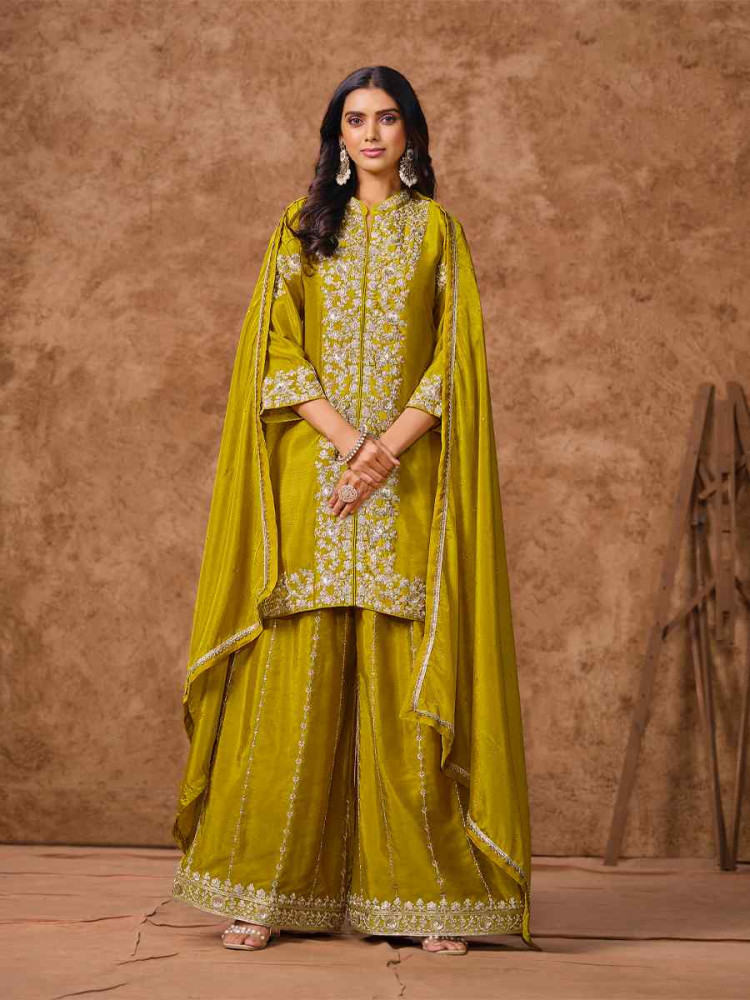 Yellow Chinon Silk Embroidered Festival Wedding Ready Palazzo Pant Salwar Kameez