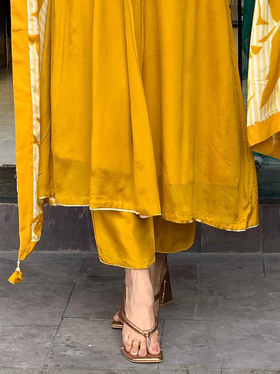 Yellow Chinon Silk Embroidered Party Wedding Ready Pant Salwar Kameez