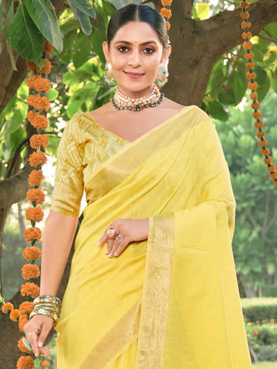 Yellow Cotton Handwoven Casual Festival Heavy Border Saree