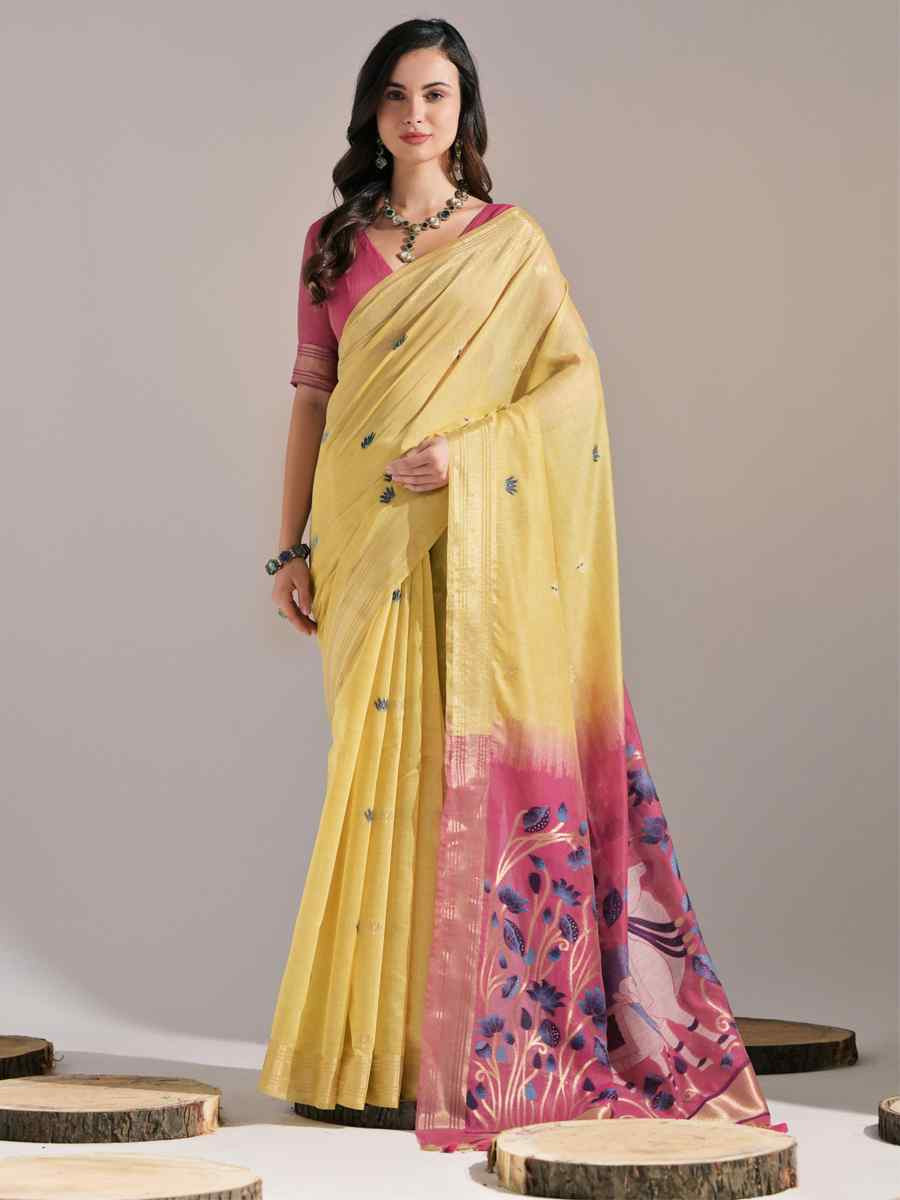 Yellow Cotton Handwoven Festival Casual Classic Style Saree