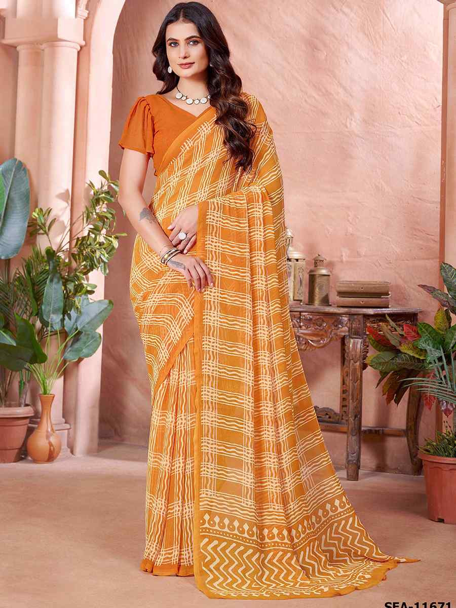 Yellow Cotton Printed Festival Casual Contemporary Saree