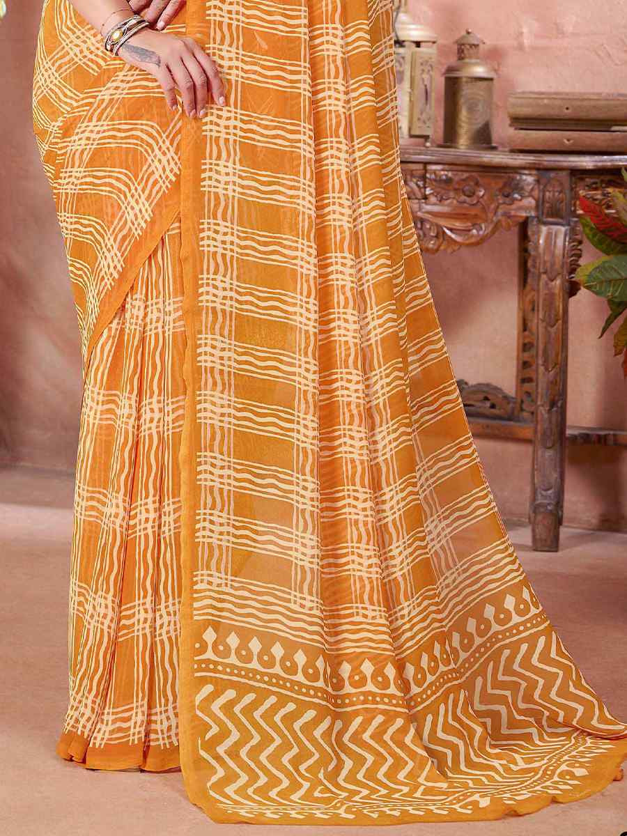 Yellow Cotton Printed Festival Casual Contemporary Saree