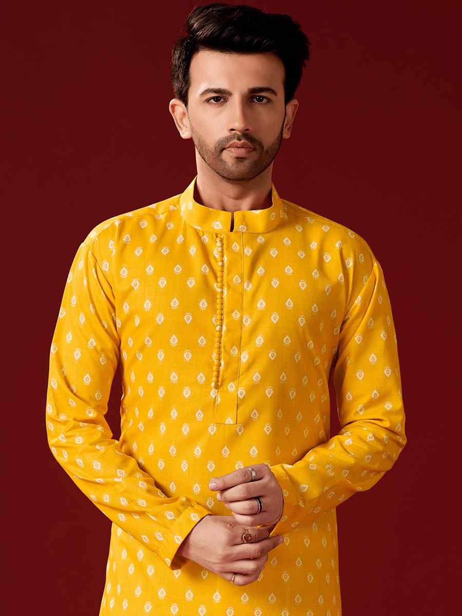 Yellow Cotton Printed Haldi Kurta