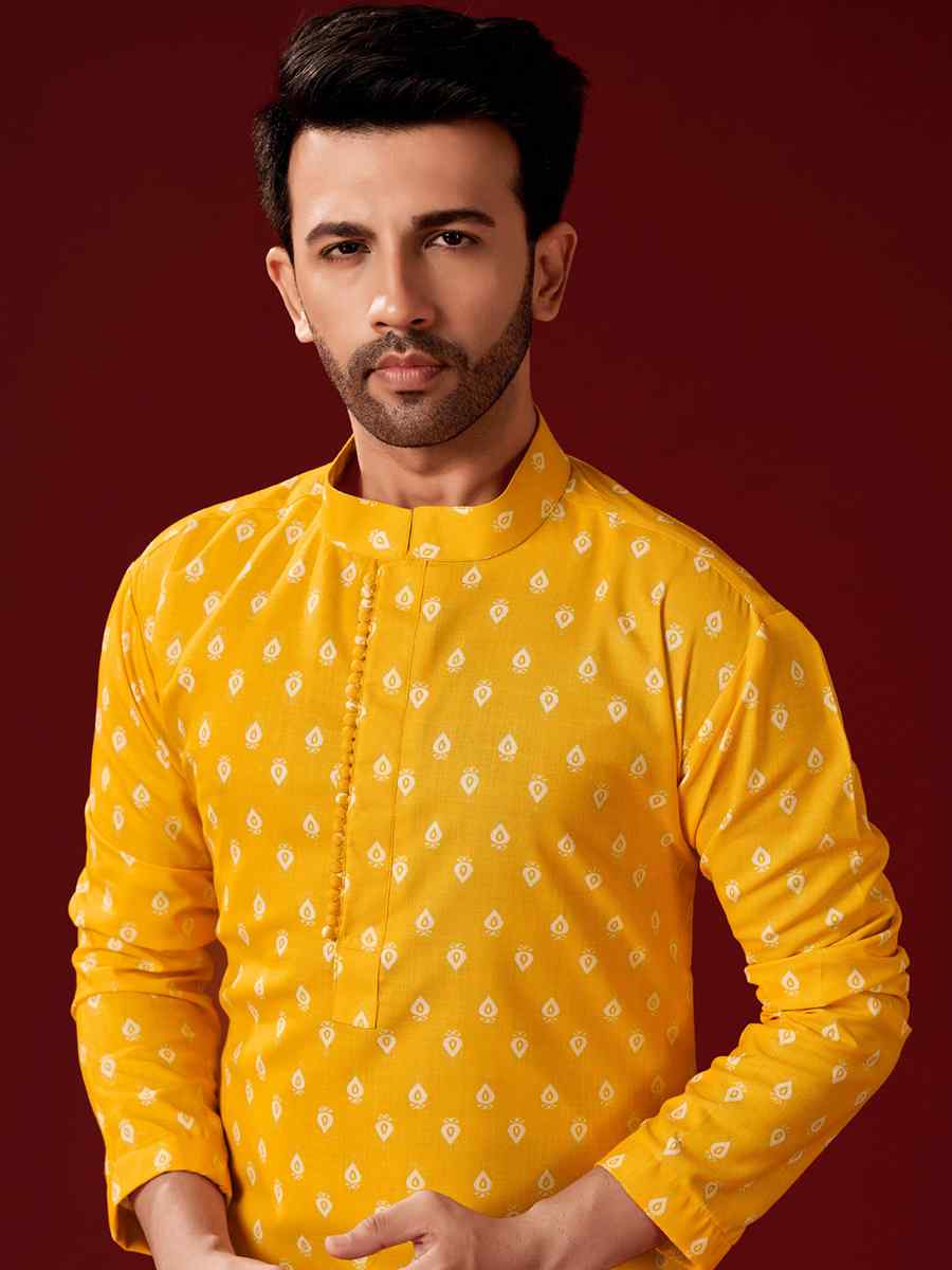 Yellow Cotton Printed Haldi Kurta