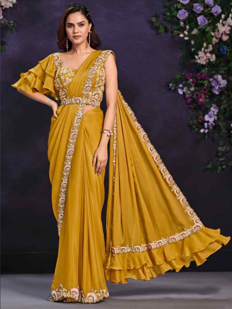 Yellow Crepe Satin Silk Embroidered Wedding Party Heavy Border Saree