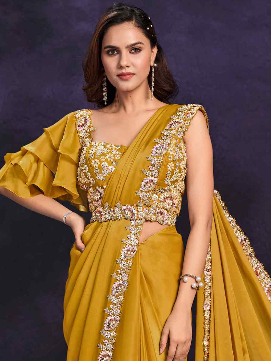 Yellow Crepe Satin Silk Embroidered Wedding Party Heavy Border Saree