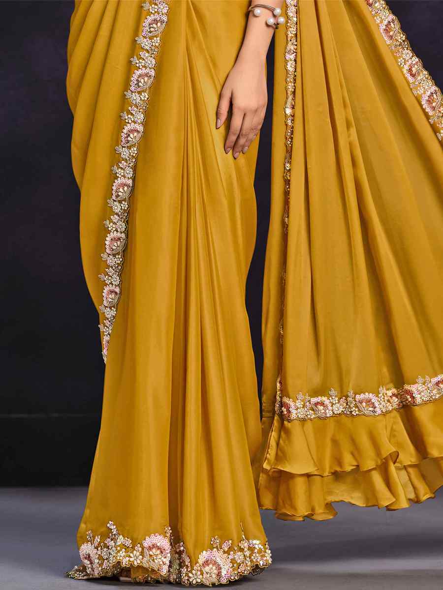 Yellow Crepe Satin Silk Embroidered Wedding Party Heavy Border Saree