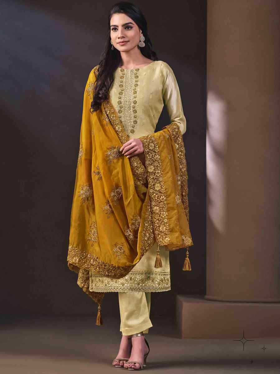 Yellow Crystal Organza Embroidered Festival Casual Ready Pant Salwar Kameez