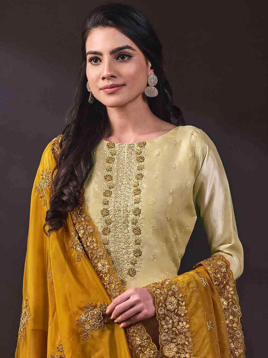 Yellow Crystal Organza Embroidered Festival Casual Ready Pant Salwar Kameez