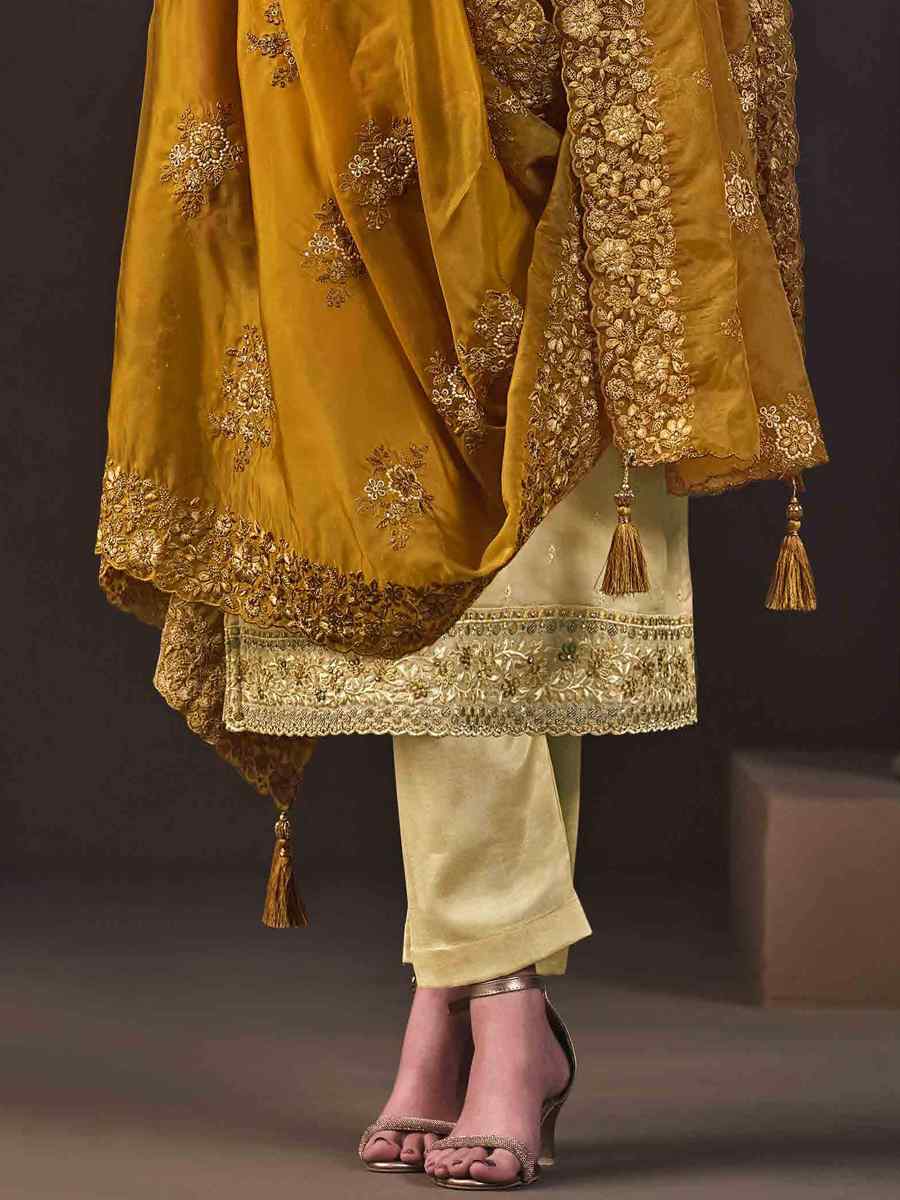 Yellow Crystal Organza Embroidered Festival Casual Ready Pant Salwar Kameez