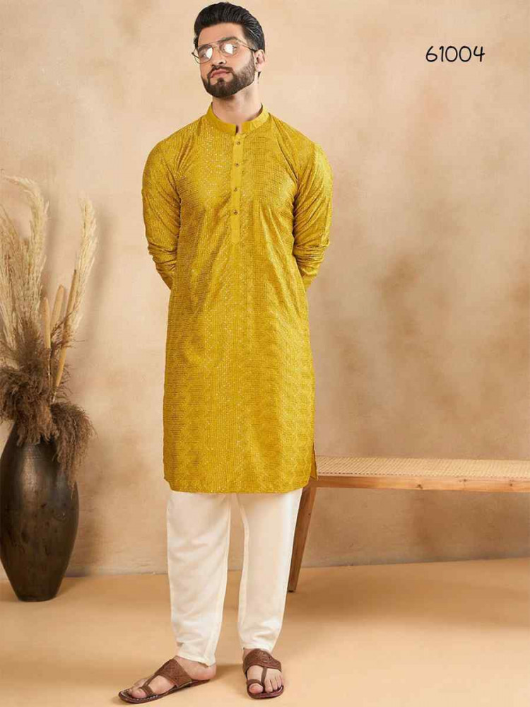 Yellow Designer Liva Silk Embroidered Festival Casual Kurta