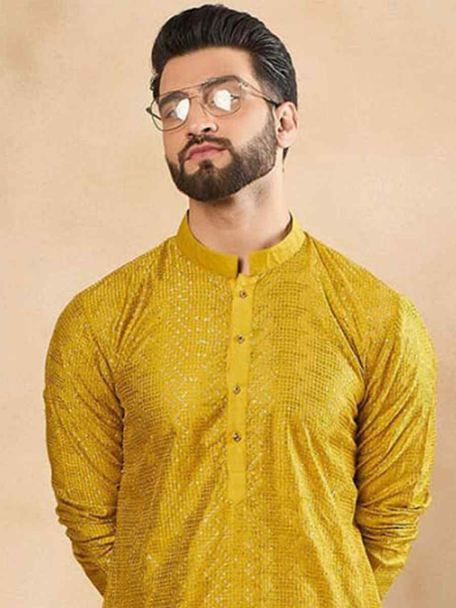 Yellow Designer Liva Silk Embroidered Festival Casual Kurta