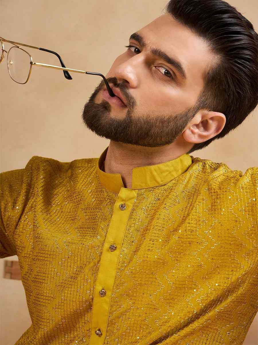 Yellow Designer Liva Silk Embroidered Festival Casual Kurta