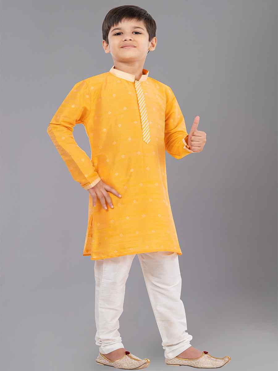 Yellow Dhupion Silk With  Jacquard  Embroidered Festival Traditional Kurta Pyjama Boys Wear