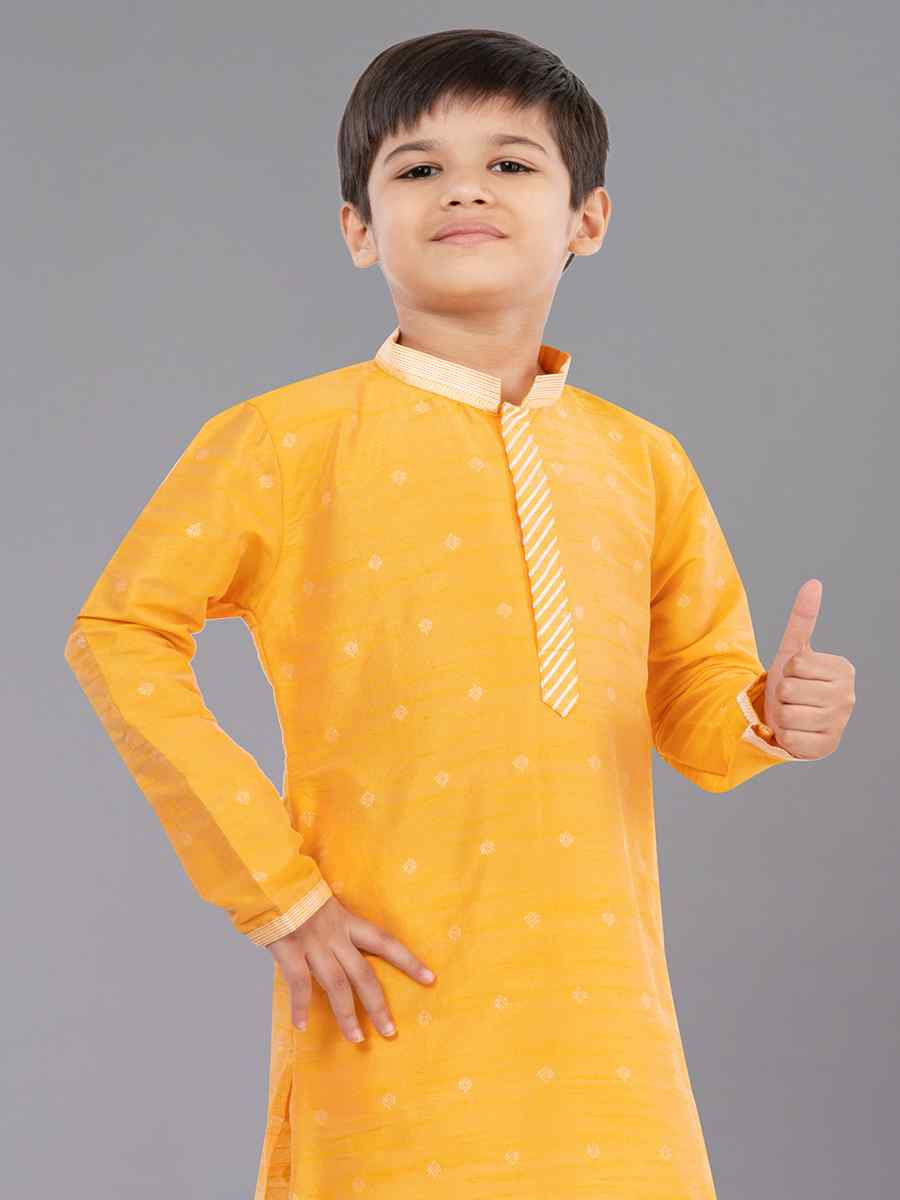 Yellow Dhupion Silk With  Jacquard  Embroidered Festival Traditional Kurta Pyjama Boys Wear