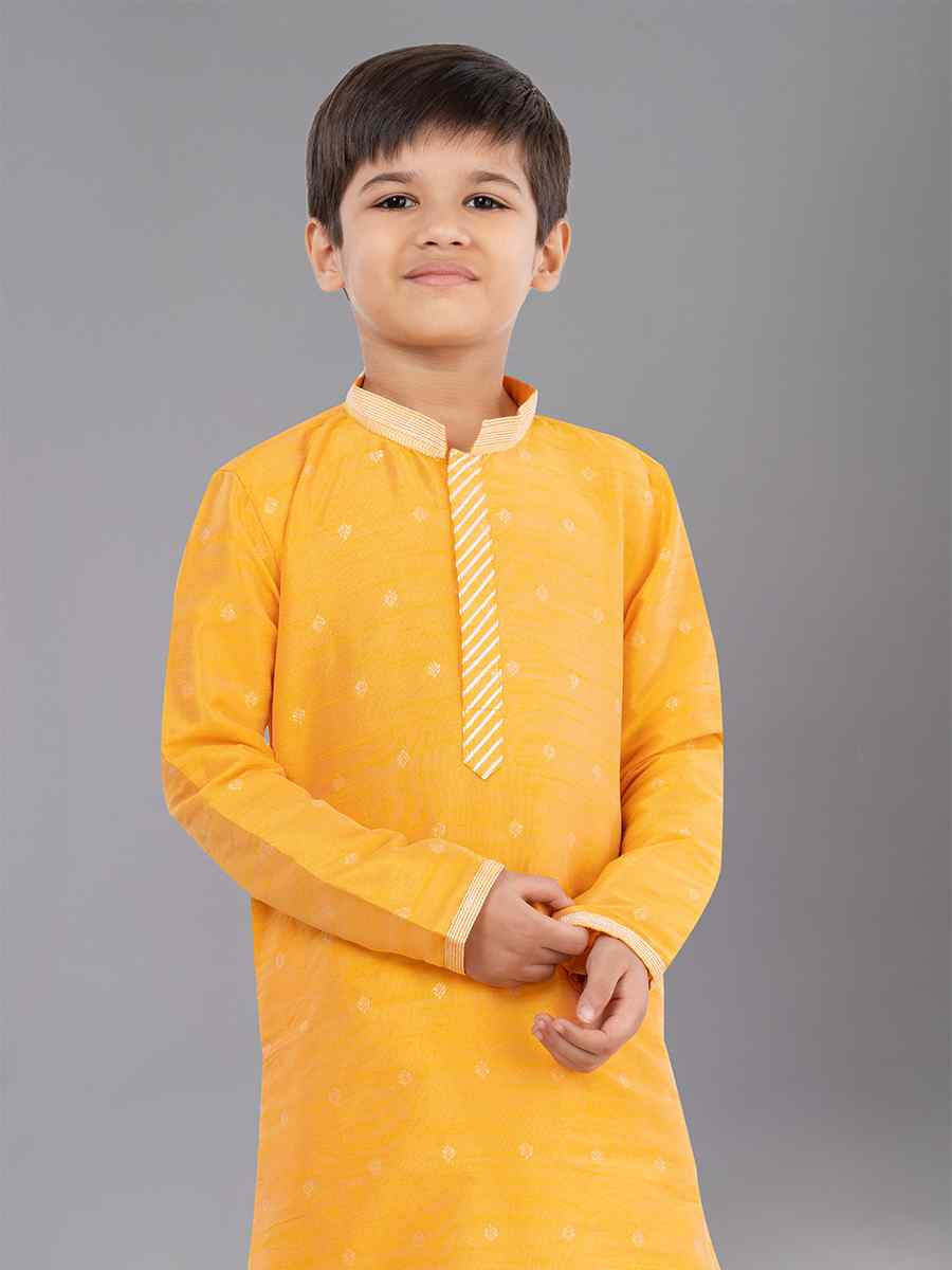 Yellow Dhupion Silk With  Jacquard  Embroidered Festival Traditional Kurta Pyjama Boys Wear