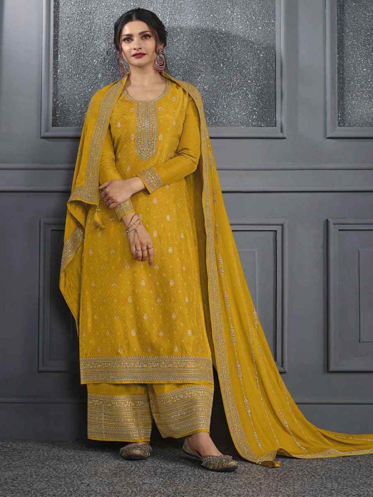 Yellow Dola Jacquard Silk Embroidered Festival Wedding Palazzo Pant Salwar Kameez