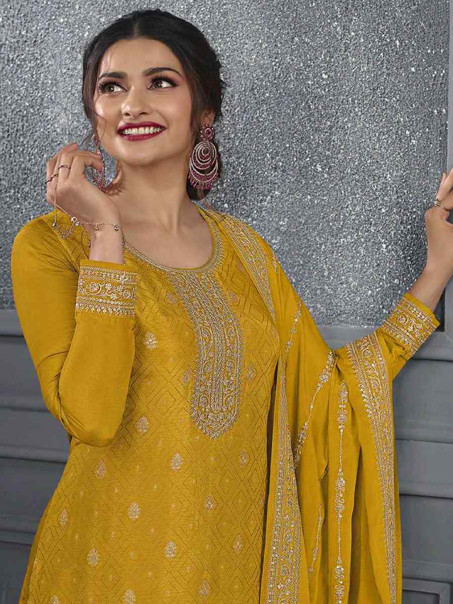 Yellow Dola Jacquard Silk Embroidered Festival Wedding Palazzo Pant Salwar Kameez