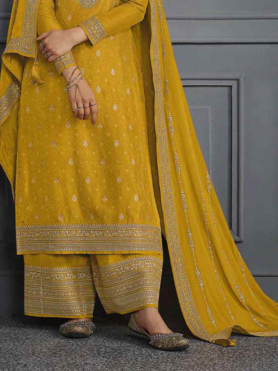 Yellow Dola Jacquard Silk Embroidered Festival Wedding Palazzo Pant Salwar Kameez