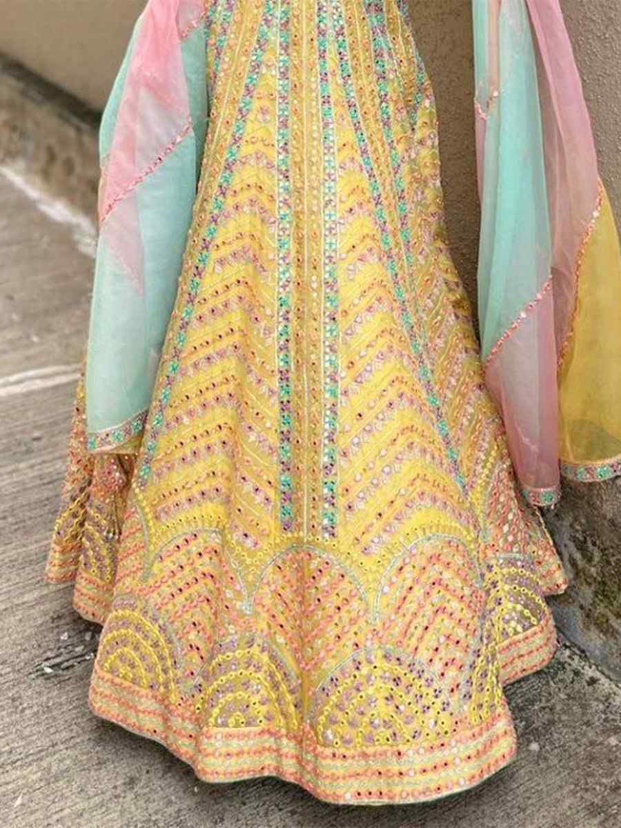 Yellow Dola Silk Embroidery Reception Party Wear Heavy Border Lehenga Choli