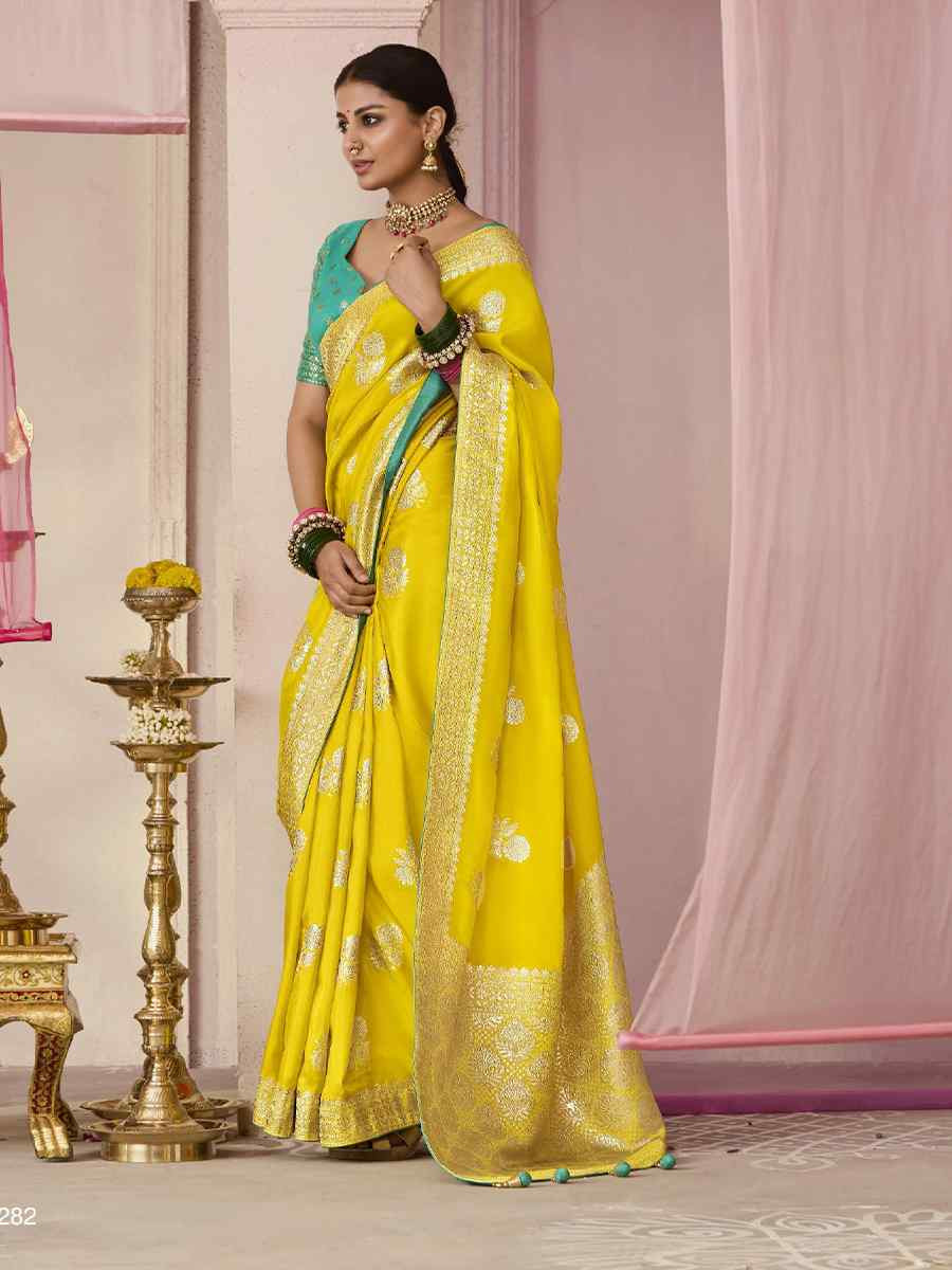 Yellow Dola Viscose Silk Handwoven Festival Wedding Heavy Border Saree