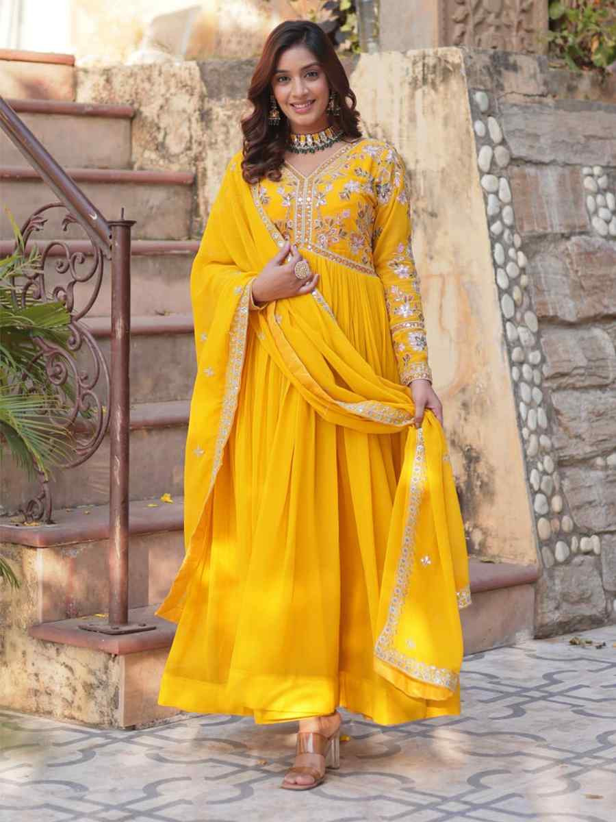 Yellow Faux Blooming Embroidered Festival Casual Gown