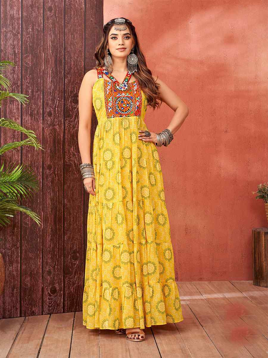 Yellow Faux Blooming Georgette Printed Festival Casual Gown