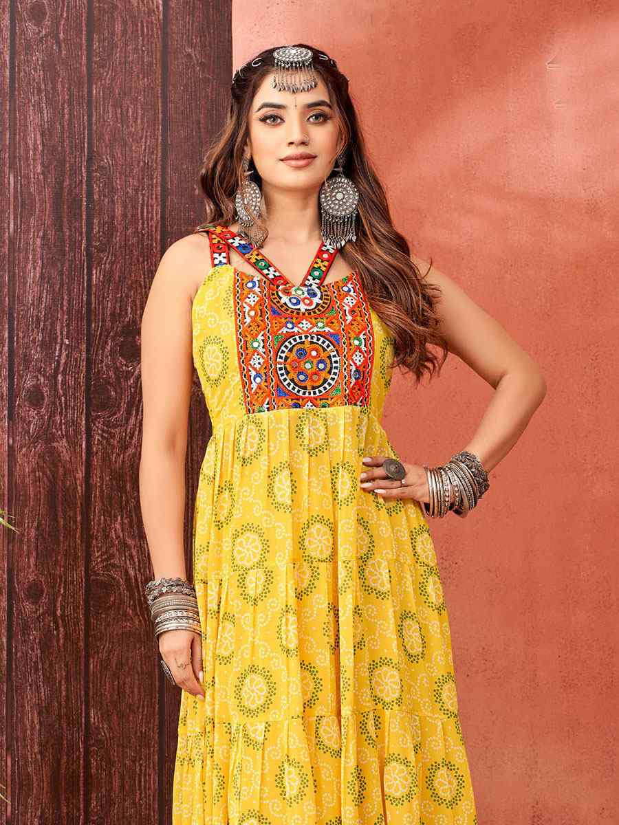 Yellow Faux Blooming Georgette Printed Festival Casual Gown