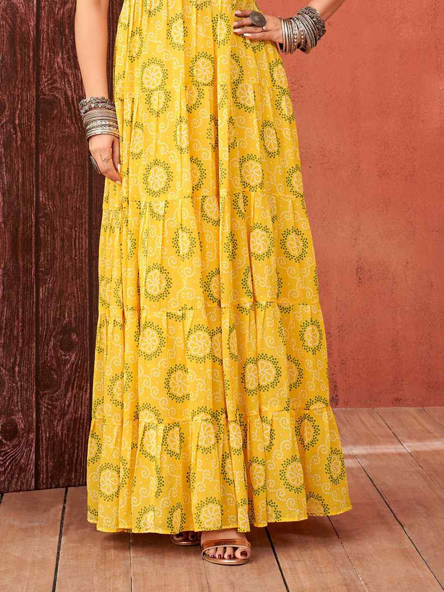 Yellow Faux Blooming Georgette Printed Festival Casual Gown