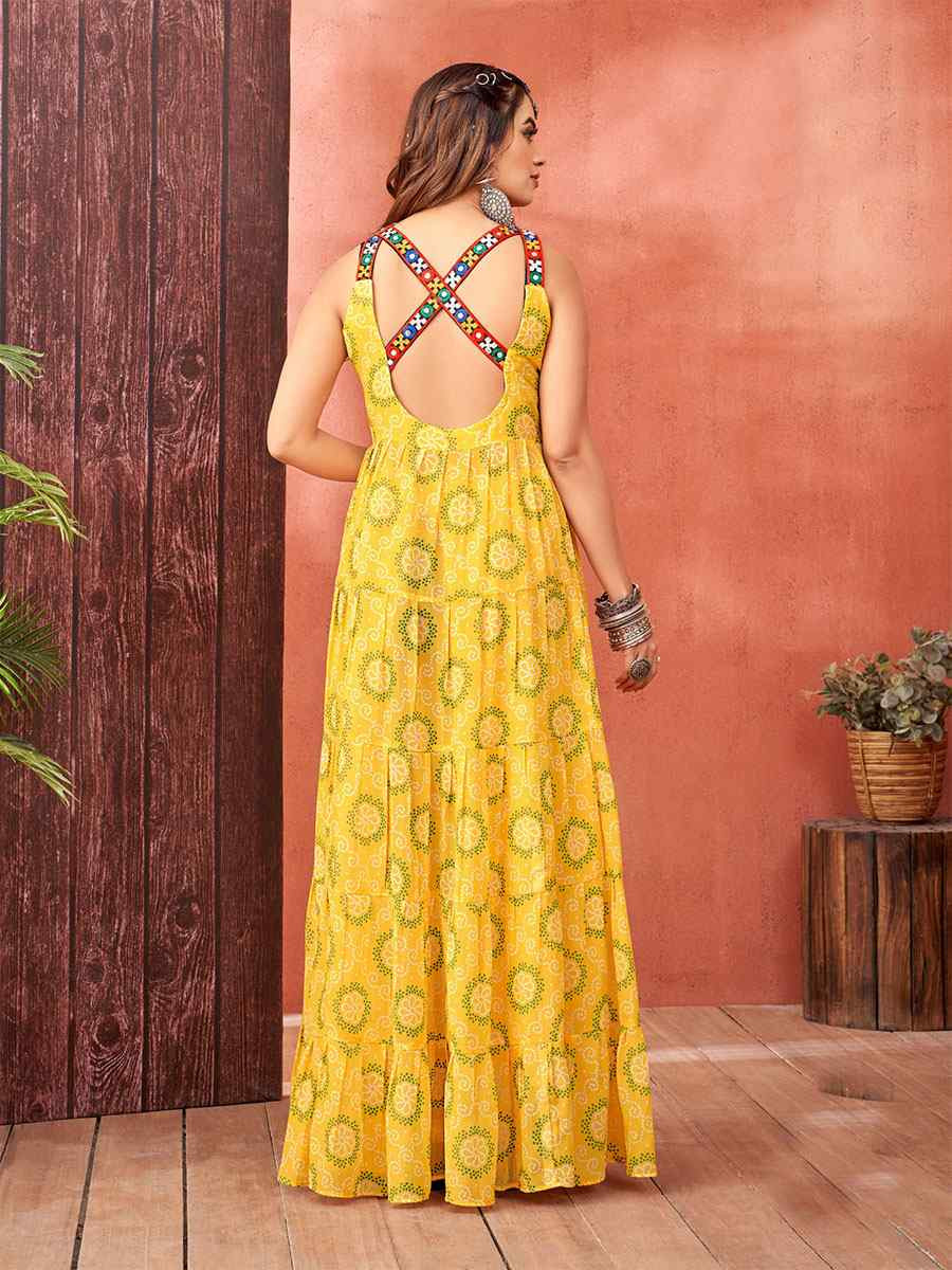 Yellow Faux Blooming Georgette Printed Festival Casual Gown