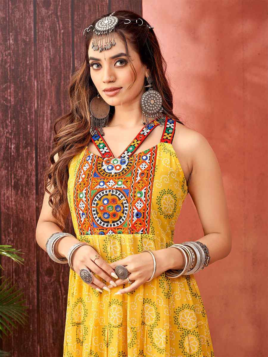 Yellow Faux Blooming Georgette Printed Festival Casual Gown